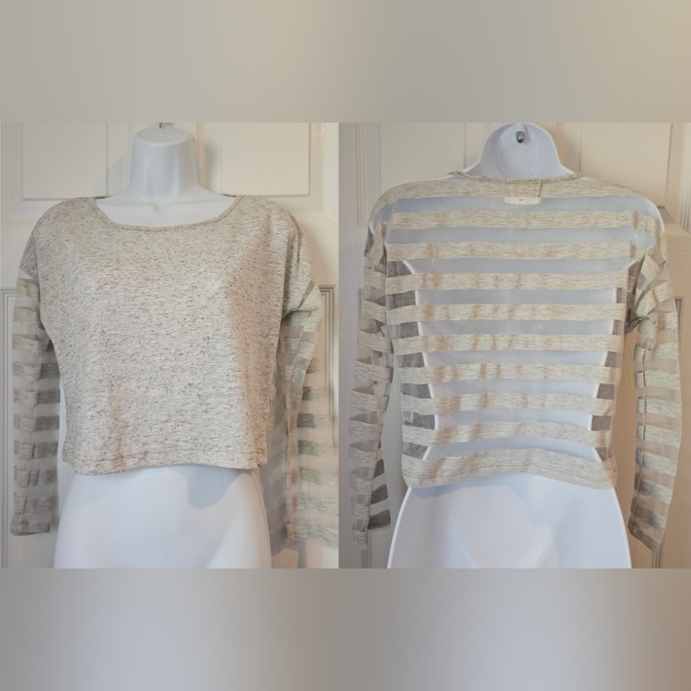 NWOT Olive + Oak Light Gray Sheer Striped Back Sheer Sleeves Crop Top Size Small